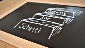 Corona - Fahrplan für die Schulen Bild mit Stufen und Schrift auf den Stufen "Schritt für Schritt"