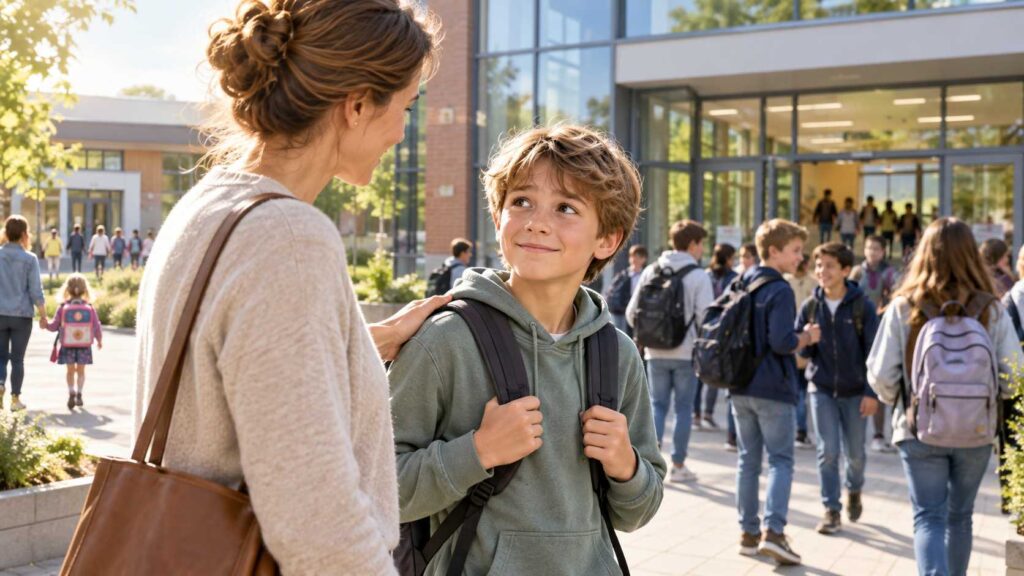Mutter verabschiedet Kind vor Schule