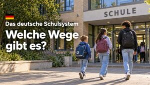 Drei Schulkinder vor einem Schulgebäude; Aufschrift: Das deutsche Schulsystem – Welche Wege gibt es?