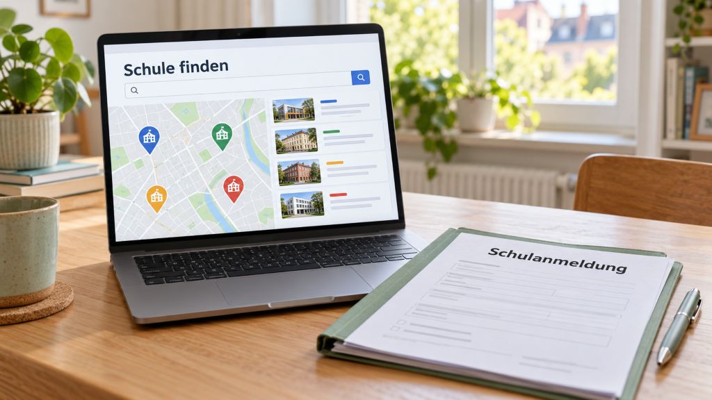 Schule finden und anmelden Laptop mit Karte und Markierungen und Schulanmeldung.